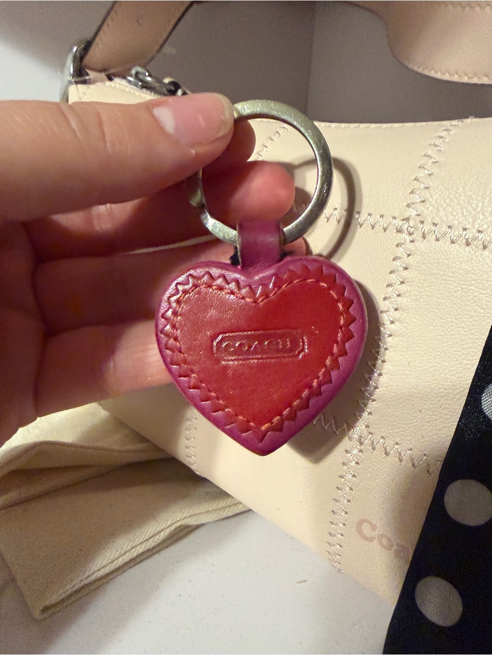 Coach Heart Leather Keychain Pink and Red